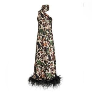 Worn Once | Vasiliki Atelier Liya Asymmetric Silk Maxi Dress with Faux Feather